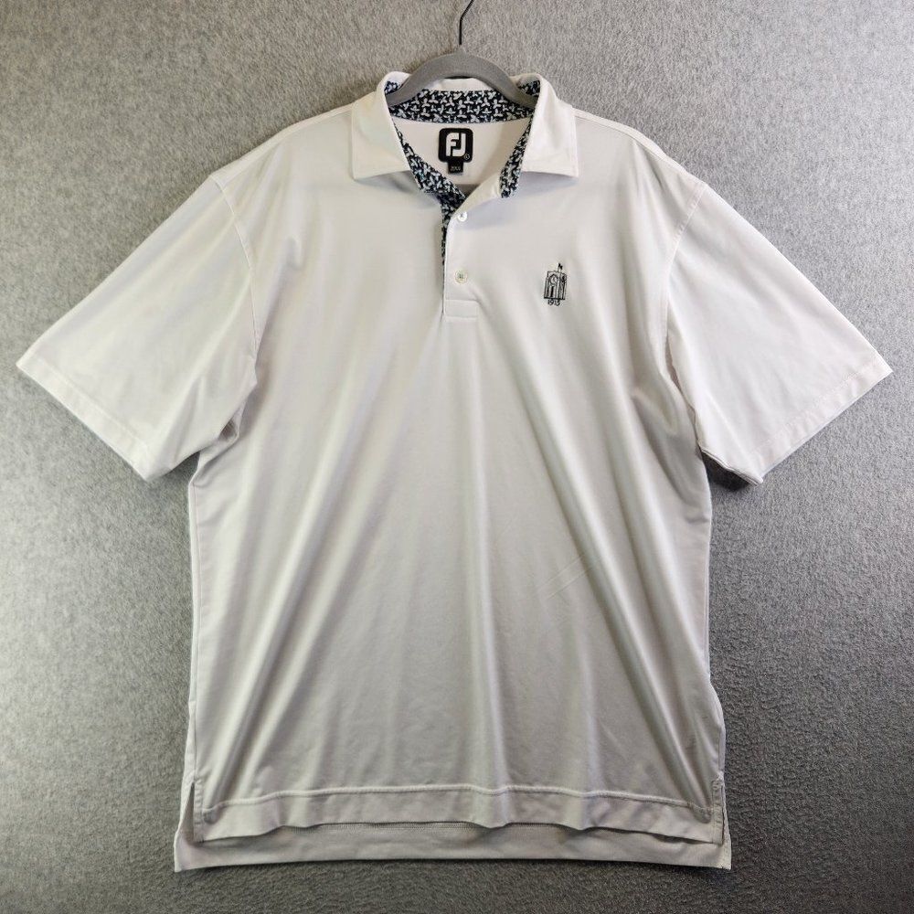 Footjoy Shirt Mens Large White Floral Trim Golf Polo Performance Clock Tower